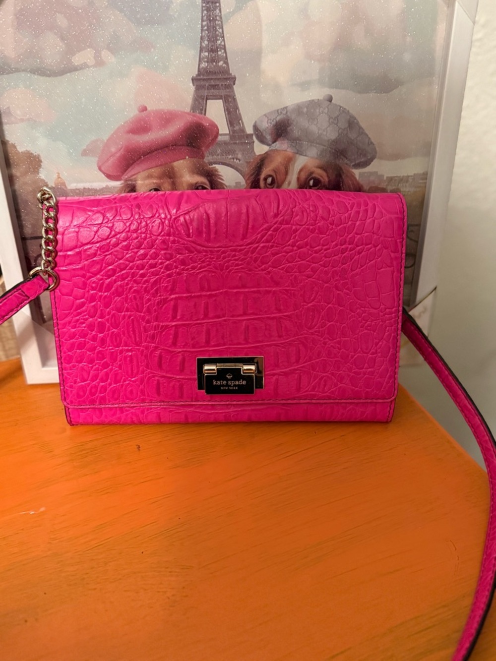 Kate Spade Fiona Orchard Valley Hot Pink Croc-Embossed Crossbody EUC